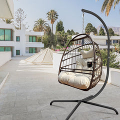 Silla oscilante con soporte para interiores y exteriores, silla colgante con cojín resistente a los rayos UV con barandilla y portavasos, silla tipo hamaca con marco de aluminio plegable antioxidante, capacidad de 350 libras para porche y patio trasero