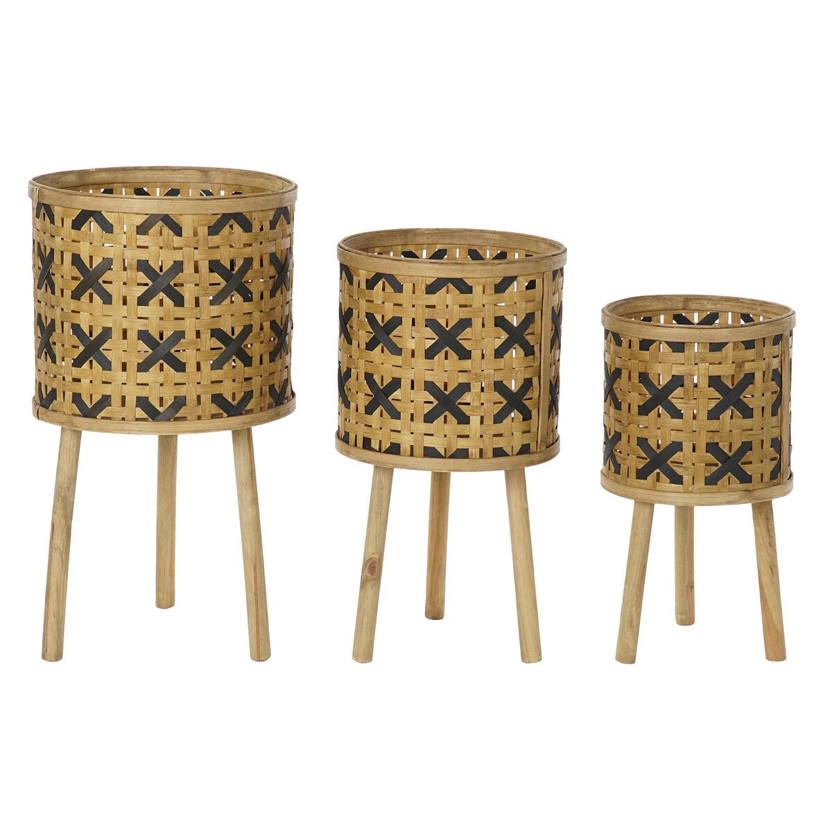 Set de pots DKD Home Decor Marron Noir Naturel Bambou Floral Tropical 37 x 37 x 67 cm (3 Pièces) (2 Unités)