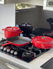 Juego de utensilios de cocina Lava Casting Red Cacerola redonda de 24 cm + Olla multiusos de 28 cm + Sartén para grill