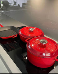 Lava Casting Red Batterie de cuisine Casserole ronde 24 cm + Casserole multi-usages 28 cm + Poêle à griller