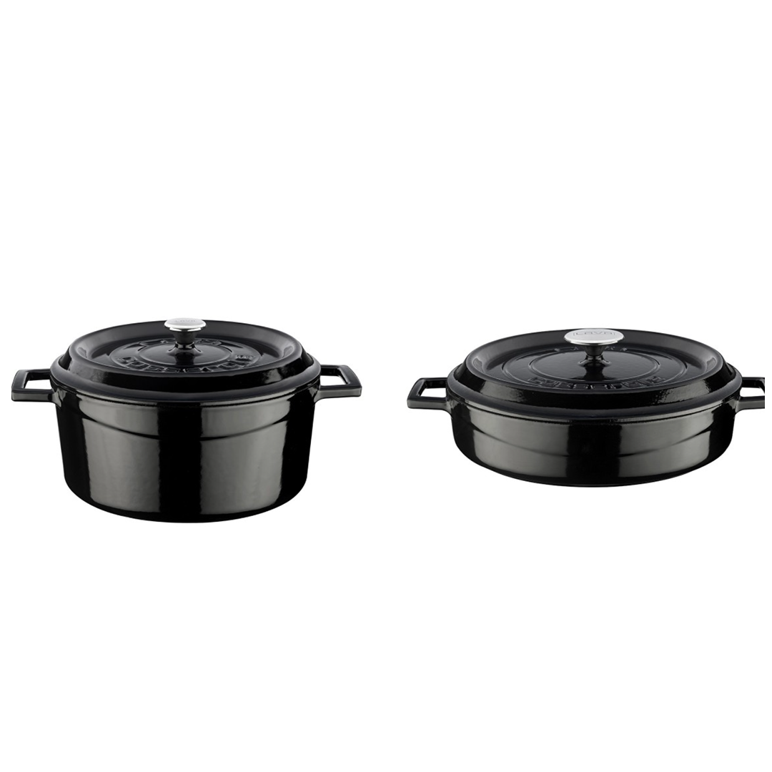 Lava Casting Juego de utensilios de cocina negros 2'li, cacerola redonda de 24 cm + olla multiusos de 28 cm